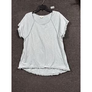 Umgee Blouse Short Sleeve Women's Size M Light Blue Frayed Hem Pintuck